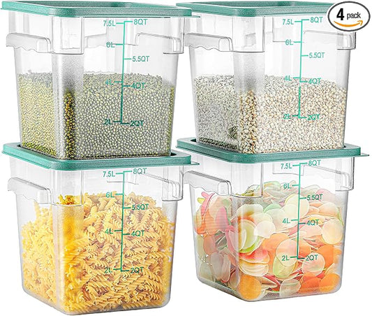 4 Pack 8 QT Food Storage Containers with Green Lids Handle and Scarle Stackable Clear Square Commercial Container Set For Dough Proofing Home Restaurant Kitchen Supply BPA-Free Polycarbonate by EGGKITPO