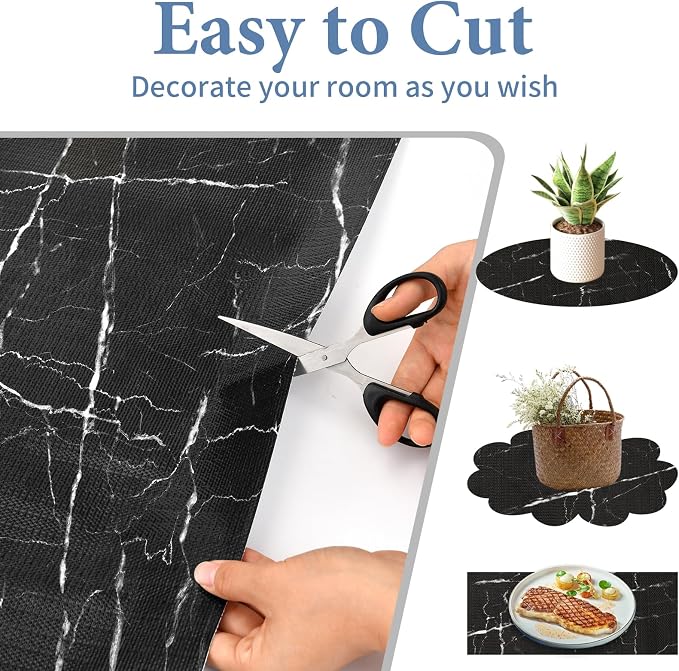 Drawer and Shelf Liner for Kitchen Cabinet: 23.6in X 30Ft Non Slip | Waterproof Shelf Paper Non Adhesive Refrigerator Liners Black Marble Easy Liners for Bathroom with Knife Tape Measure - Image 4
