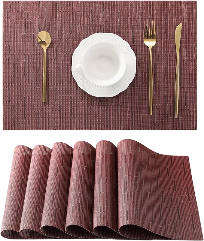 Leetaltree Burgundy Placemats Set of 6 - Heat Resistant Non-Slip Place mats for Dining Table, Washable Durable PVC Vinyl Woven Table Mats（Burgundy, 6） by Leetaltree-ArtatEveryTable