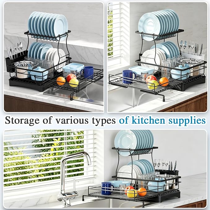 2 Tier Dish Drying Rack, Large Extendable Dish Racks for Kitchen Counter , Dishrack with Drainboard, 2-in-1 Anti-Rust Stainless Steel Dish Drainer with Utensil Holder (Black, double of Dish Rack) - Image 3