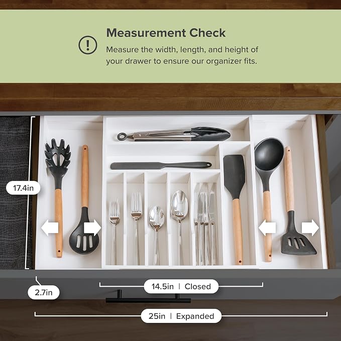 Silverware & Utensil Drawer Organizer, 14.5-25 in, White Bamboo | Cutlery, flatware, food-safe contract grade, kitchen drawer fit - Image 7