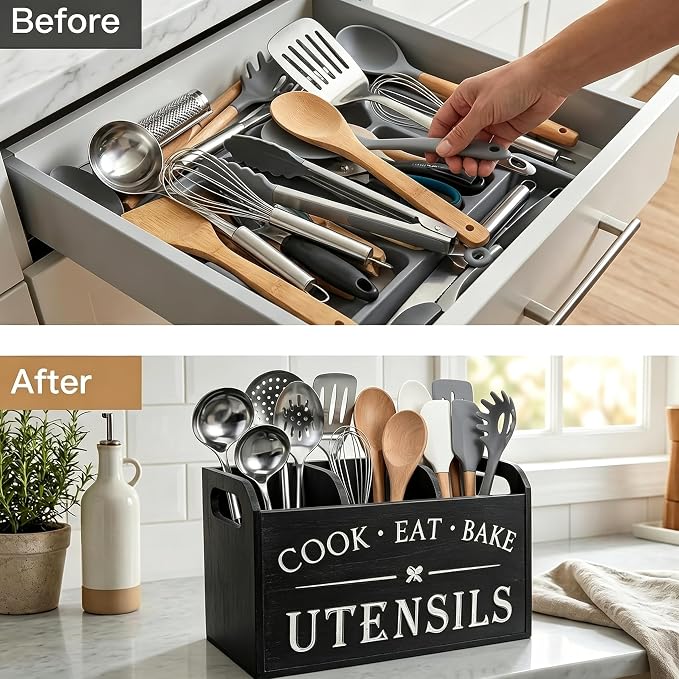 A CENTER Rustic Wooden Utensil Holder for Kitchen Counter Decor | Extra Large Kitchen Utensil Holder Silverware Caddy Farmhouse Wood Cutlery Holder Cooking Utensil Stand-Black - Image 3