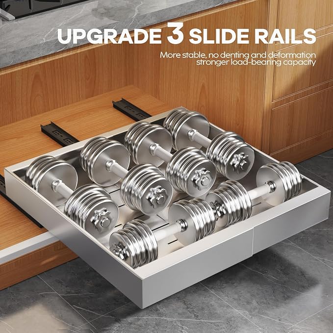 Seinloes 2Pack Expandable Pull Out Cabinet Organizer 21"Deep With Raising Pad for Framed Cabinets, Upgrade 3 Slide Rails Slide Out Drawers,Roll Out Shelves Adhesive,Adjustable Width 12.05"-20.4"Silver - Image 5
