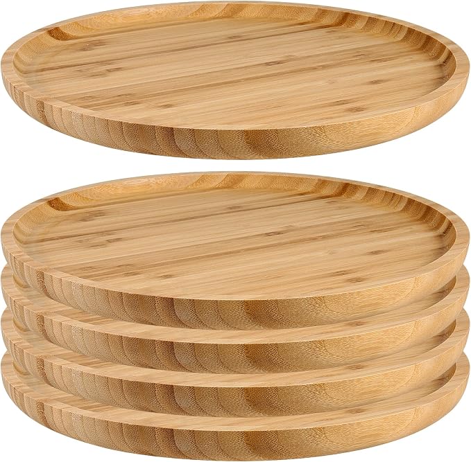 JOIKIT 5 Pack 12 Inch Bamboo Round Platter, Fine Polished Round Wood Plates Bamboo Serving Tray for Holding Fruit, Bread, Cheese, Nut, Coffee, Tea, Plant Saucer by JOIKIT