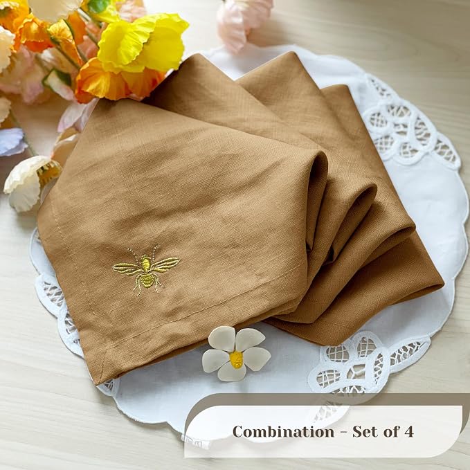 DerF HOME Embroidered Linen Napkins, Mustard Yellow, Set of 4, 18x18 | 100% Pure Linen Cloth Dinner Napkins with Elegant Embroidery, Reusable Washable Table Napkins for Fall Decor, Party & Dining - Image 2