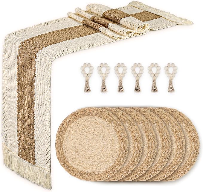 Placemats Set of 6,Natural Round Placemats with Table Runner & Napkin Rings | Made of Cotton Burlap and Corn Husk,Protective,Heat-Resistant,Non-Slip Boho Table Mats Fall Placemats for Dining Table Décor by Zology