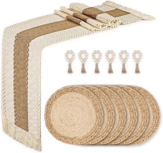 Placemats Set of 6,Natural Round Placemats with Table Runner & Napkin Rings | Made of Cotton Burlap and Corn Husk,Protective,Heat-Resistant,Non-Slip Boho Table Mats Fall Placemats for Dining Table Décor by Zology