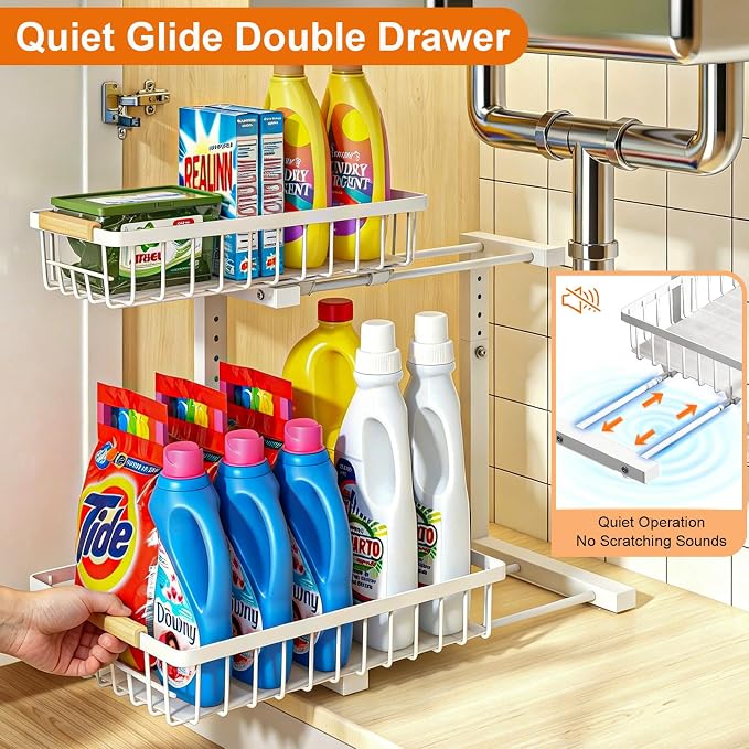 Under Sink Organizer, White 2 Pack Height Adjustable | 2 Tier Pull Out Drawer, Under Sink Organizers and Storage, Cabinet Storage for Kitchen Bathroom - Image 3