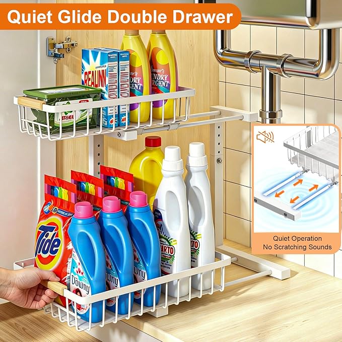 Under Sink Organizer, White 2 Pack Height Adjustable | 2 Tier Pull Out Drawer, Under Sink Organizers and Storage, Cabinet Storage for Kitchen Bathroom - Image 3