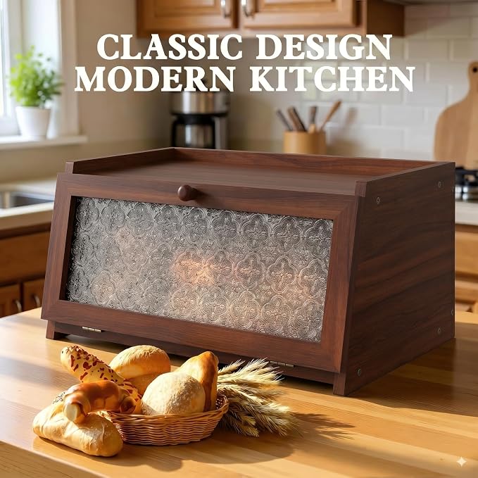 LOHASOK Bread Box for Kitchen Countertop,Brown Begonia | Large, Farmhouse Bread Container Holder Storage, Acrylic translucent window - Image 3