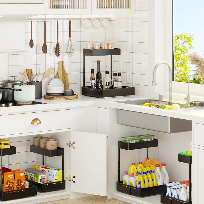 Pull Out Under Sink Organizer 2 Pack, 2 Tier Expandable Under Cabinet Storage with Height Adjustable Design for Kitchen Bathroom Laundry Room - Image 7