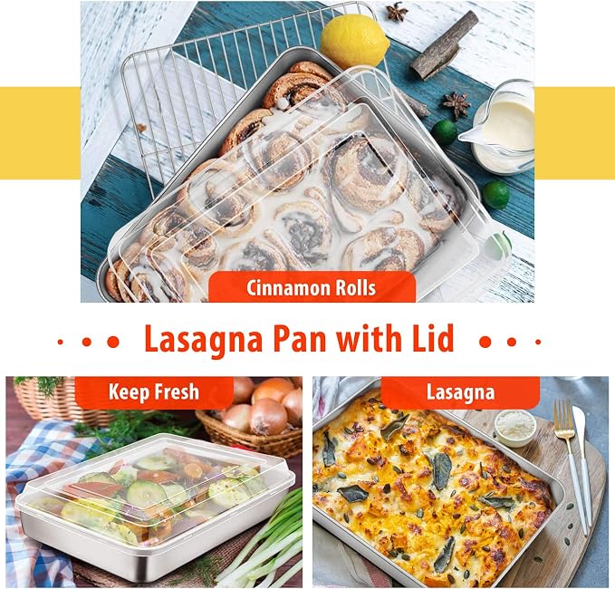 TeamFar Stainless Steel Bakeware Set of 8 | Baking Sheet and Rack, Lasagna Pan with Lid, Square & Round Cake Pan with Lid, Muffin Pan & Loaf Pan, Pizza Pan, Healthy - Image 5
