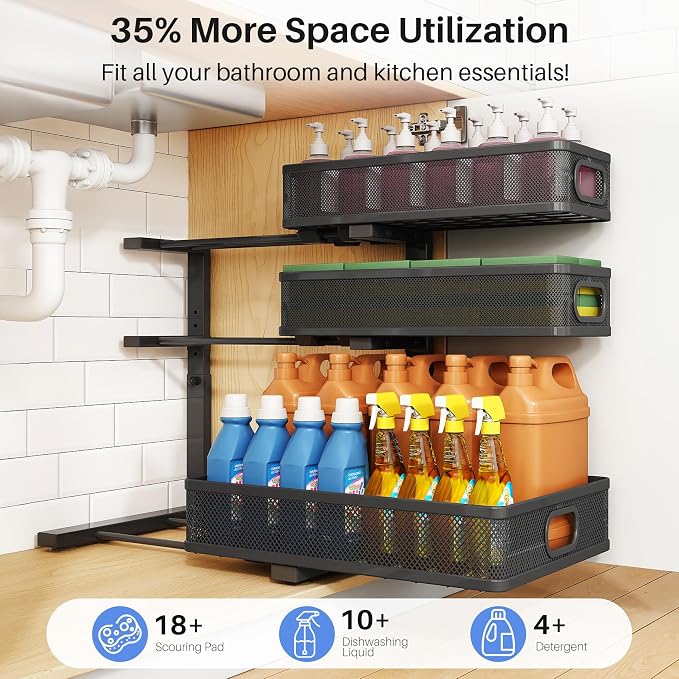 Under Sink Organizer, 3-Tier Thickened Metal Pull out Cabinet Organizer Shelf, Height Adjustable Slide out Storage Drawer Rack for Kitchen Bathroom Pantry Laundry Home Organization, 2-Pack, Black | 35% More Storage Capacity, Carbon Steel, Hold Up 55lbs... - Image 4