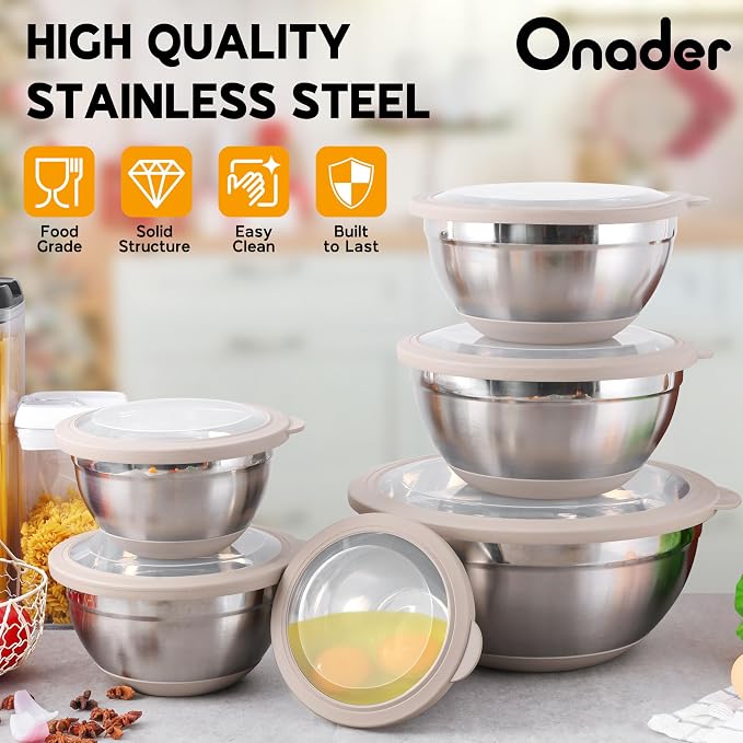 Onader Mixing Bowls with Lids Set of 6, Large Metal Nesting Mixing Bowls, Stainless Steel Non-Slip Salad Bowl Khaki – Size 0.7, 1, 1.5, 2, 2.6, 4.6QT - Image 6