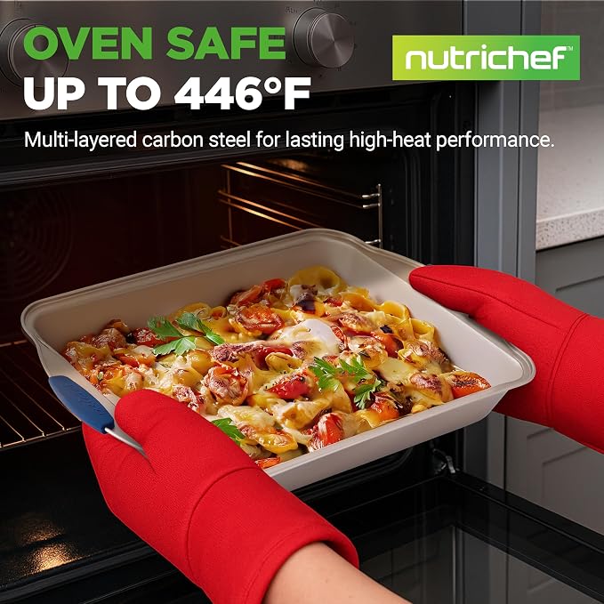 NutriChef Kitchen Oven Baking Pans - Deluxe Nonstick Gold Coating Inside & Outside Carbon Steel Bakeware Set With Blue Silicone Handles, Durable & Reliable Cookie Sheet Oven Pan Style - Image 2