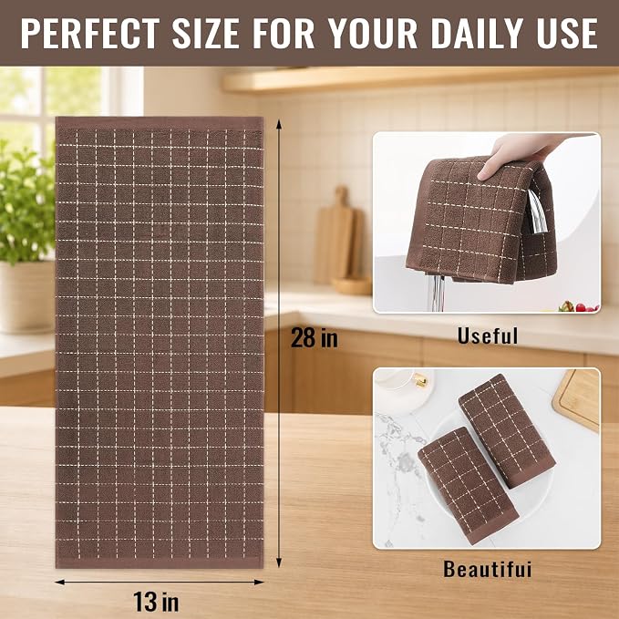 Kitinjoy 100% Cotton Terry Kitchen Towels, 13”x 28”, 6-Pack, Brown | Checkered Designed, Ultra Soft Absorbent Quick Drying Dish Towels - Image 4