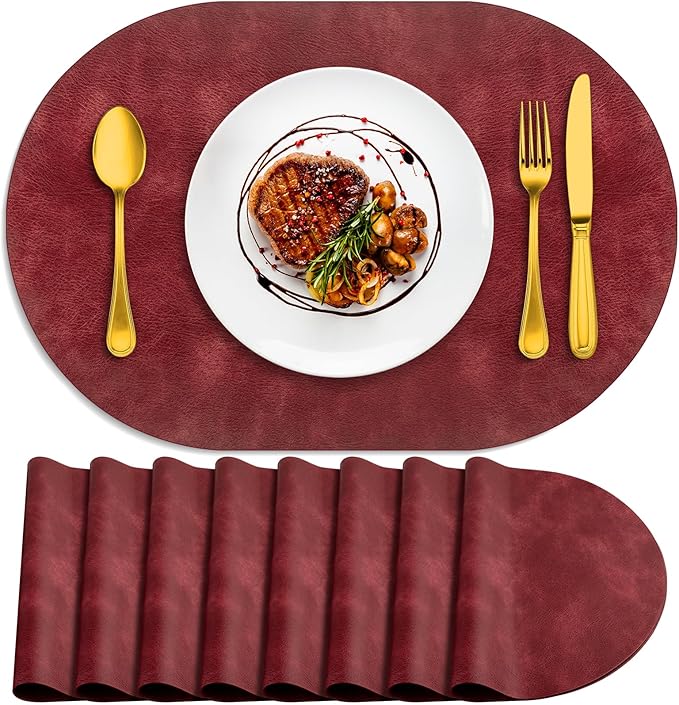 ADRIMER Placemats, Heat Resistant Oval Placemats Set of 8 Washable 12 x 17 Inch, Waterproof Table Mats, Wipeable Pu Place Mats for Kitchen, Dining Room, Wine Red by Adrimersdreamistobeanindispensablecompanioninyourlife