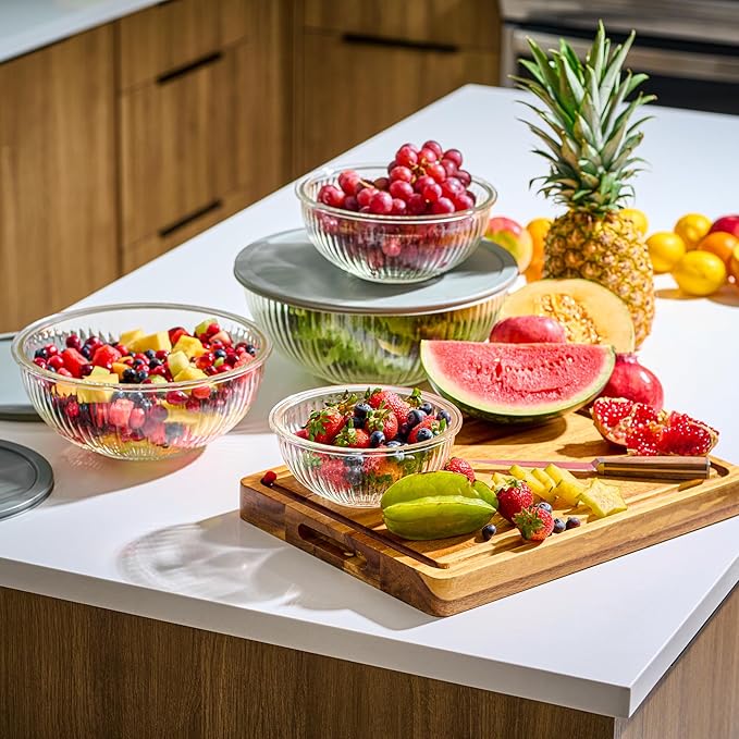 8pc Ribbed Glass Mixing Bowls with Leakproof Airtight Lids - BPA-Free Meal Prep Stackable Space Saving Nesting, Kitchen Baking Food Storage & Serving Containers - Microwave, Freezer, Dishwasher Safe. - Image 2