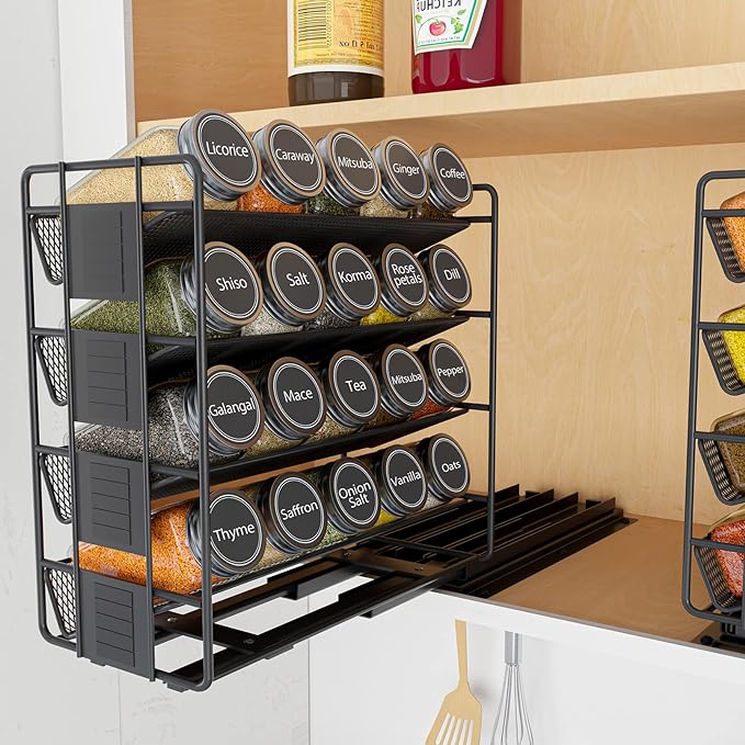 SpaceAid Pull Out Spice Rack Organizer with 20 Jars, Heavy Duty Slide Out Seasoning Organizer for Kitchen Cabinets, with 801 Labels and Chalk Marker, Right Facing by SpaceAid