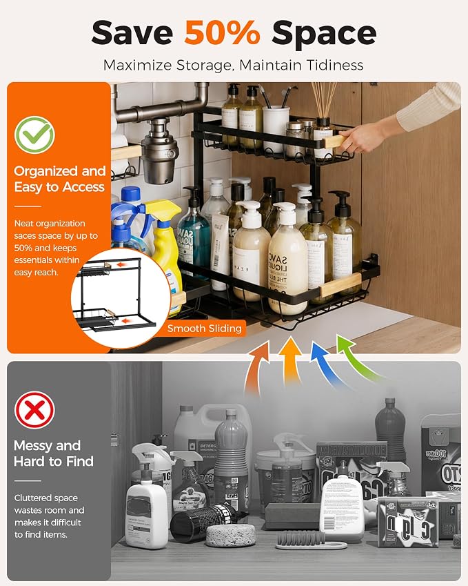 2-Pack 2-Tier Height Adjustable Under Sink Organizer & Storage | Multi-purpose storage for kitchen & bathroom cabinet. Large black shelf, height adjustable design for space-saving. - Image 2