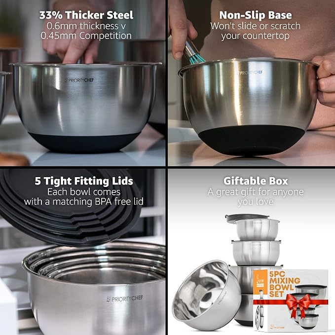 Premium Mixing Bowls With Lids Set, Airtight Lids, Thicker Stainless Steel, Non-Slip Base, 5 Nesting Steel Bowls for Kitchen, Large Prep Metal Bowl Set 1.5/2/3/4/5 Qt, Black - Image 2