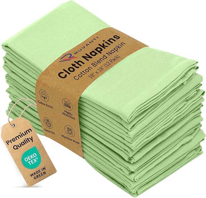 Ruvanti Cloth Napkins Set of 12, 18x18 Inches Napkins Cloth Washable, Soft, Durable, Absorbent, Cotton Blend. Table Dinner Napkins Cloth for Hotel, Lunch, Restaurant, Wedding Parties - Light Green by Ruvanti