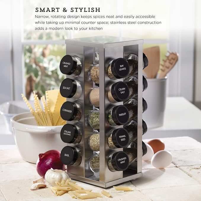 Kamenstein 20 Jar Heritage Revolving Countertop Spice Rack Organizer with Spices Included, FREE Spice Refills for 5 years, Brushed Stainless Steel with Black Caps (Pack of 3) - Image 3