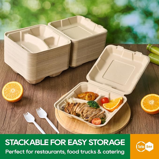 Turbo Bee 100 Pack 8x8inch Natural 3 Compartment Take Out Containers with Lids, Disposable Clamshell Meal Prep Containers, Divided Food Boxes for Food Truck, BBQ, Catering & Lunch - Image 5