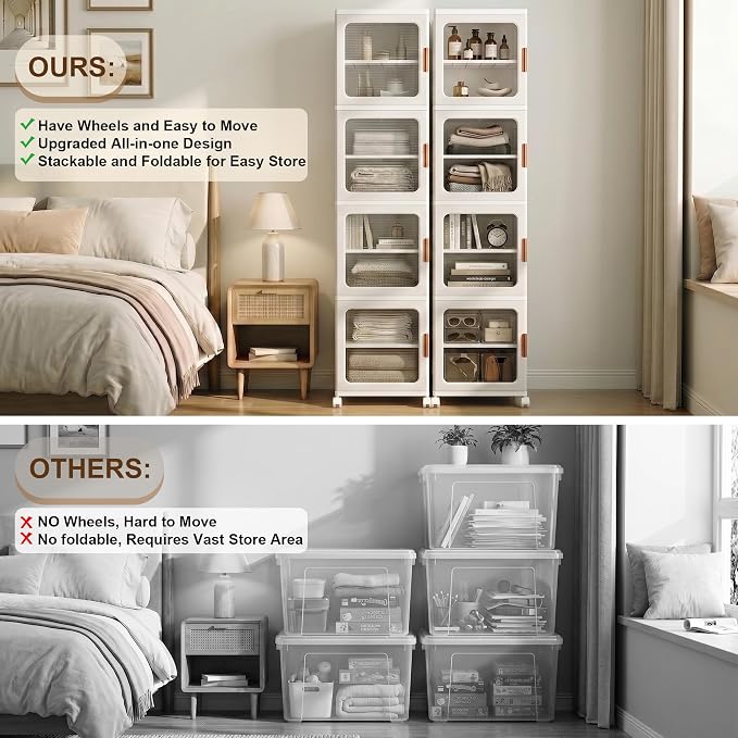 4-Tier Tall Narrow Plastic Storage Cabinet, Foldable | Rolling Organizer with Lid,4 Doors,2 Adjustable Shelves,Stackable,Durable PP,Freestanding Bathroom Cabinet for Slim Space - Image 6