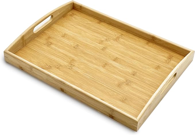 Bam & Boo Natural Bamboo Serving Tray Extra Large Rectangular with Handles for Food, Drinks, Storage, Decor, Vanity, Breakfast, Parties, Weddings, Picnics(17.75” x 13” x 2.35”, Natural) by BamBoo