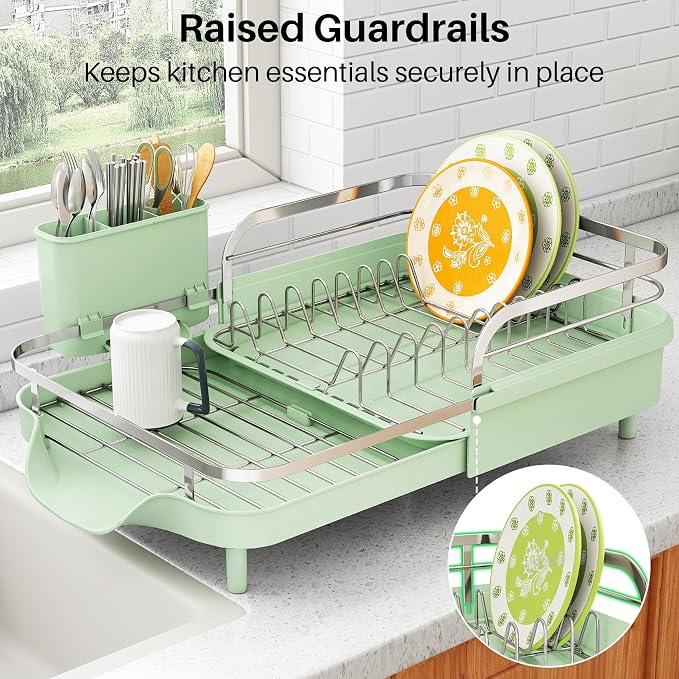 SAYZH Expandable Dish Drying Rack for Small Kitchen Counter, Green | Stainless Steel, Protective Guardrail, Angled Drainboard, Fits High-Rim Sinks, Removable Utensil Holder - Image 6