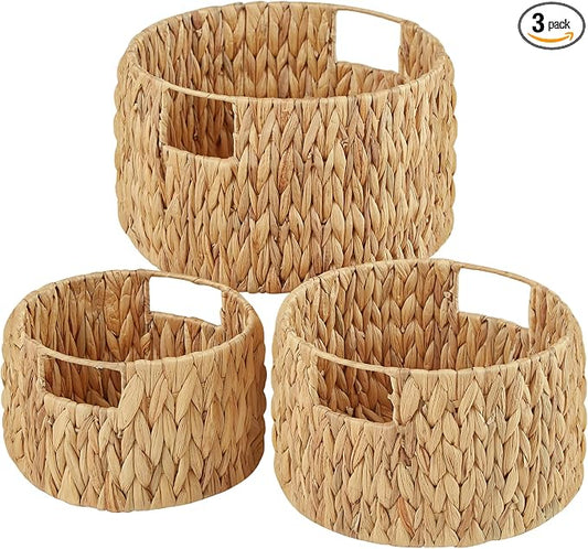 Wicker Storage Basket, Hand-Woven Water Hyacinth Large Round Woven Basket With Handles, Wicker Baskets for Organizing/Storage, 3-Pack by Vagusicc