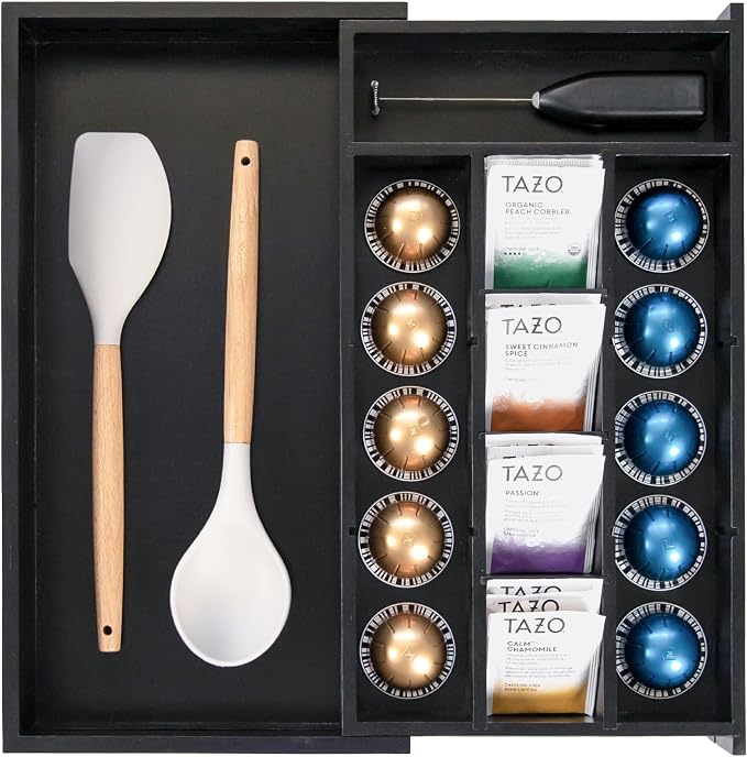 Tea Bag & Coffee Pod Organizer, 9.7-17 in, Black Bamboo | 10 storage compartments, adjustable wall inserts, non-slip feet, food-safe by KitchenEdge