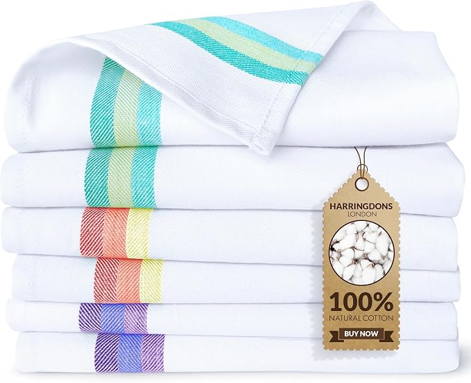 100% Cotton Kitchen Towels, Highly Absorbent Dish Towels for Kitchen with Hanging Loop, Large 20"x28" Washable Towels, Assorted Colors, 6 Pack by Harringdons