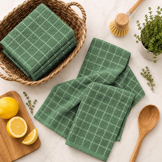 Kitinjoy 100% Cotton Terry Kitchen Towels, 13”x 28”, 8-Pack, Grass Green | Checkered Designed, Ultra Soft Absorbent Quick Drying Dish Towels - Image 9
