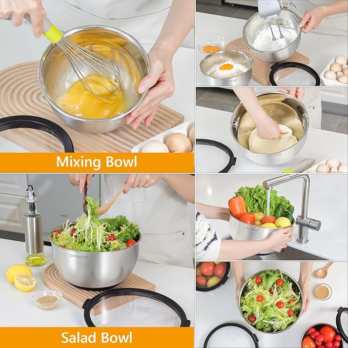 Mixing Bowls with Lids Set, Non Slip Silicone Bottom Stainless Steel Mixing Kitchen Bowls for Baking/Storage, Dishwasher Safe, 5/3/1.5QT | Non Slip Silicone Bottom, Dishwasher Safe, 5/3/1.5QT - Image 3