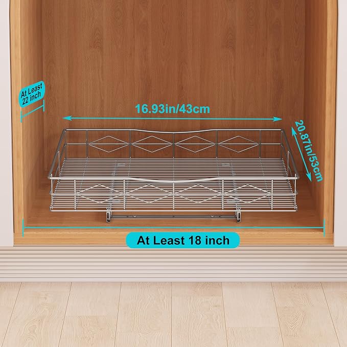 Pull Out Cabinet Organizer, 50LB Load Capacity Bottom-mount Sliding Drawer for Pots and Pans, 17" W x 21" D Under Sink Storage Shelf for Cabinet Opening 18" W x 22" D or Larger, Chrome Finish - Image 3