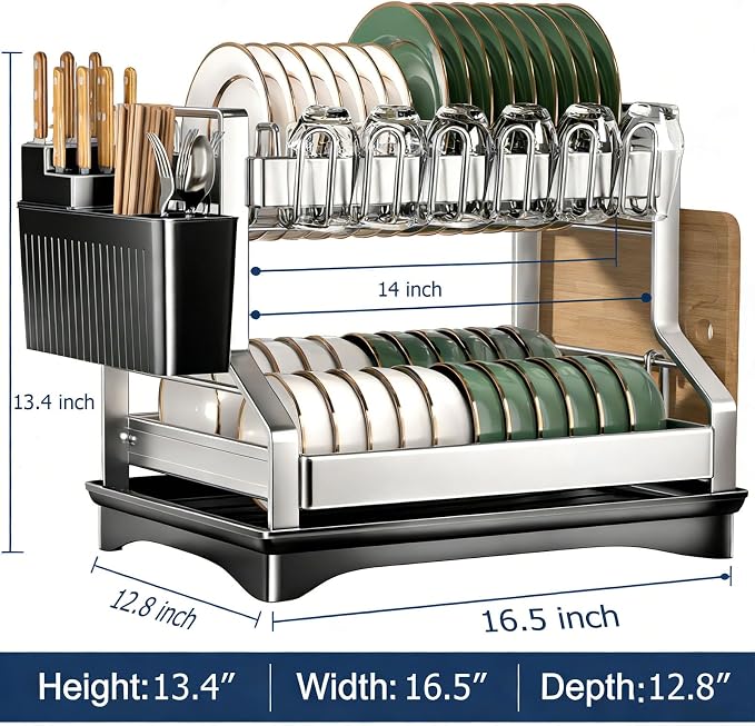 Fandian Dish Drying Rack 2 Tier Dish Racks for Kitchen Counter and Sink, Large Dish Drying Rack with Drainboard & Utensil Holders Stainless Steel Dish Drainers Kitchen Organization and Storage - Image 3