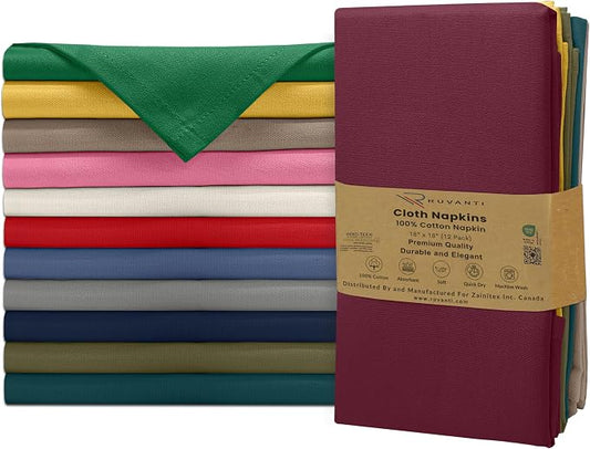 Ruvanti Cloth Napkins Set of 12, 100% Cotton High GSM 18x18 Inches Soft, Washable, Highly Durable & Absorbent, Perfect for Parties, Christmas, Thanksgiving Dinners – Multi Colors by Ruvanti