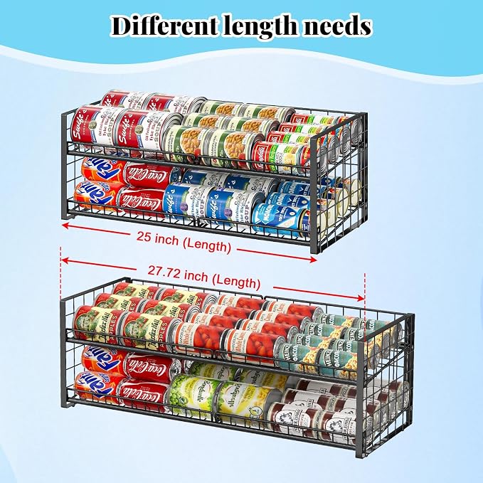 2-Tier Stackable Can Rack Organizer for Pantry Shelf, Long-Size Adjustable Can Holder for Kitchen Organization,Heavy Duty Can Dispenser for Canned Food Soup Goods up to 50 in Cabinet storage, Black - Image 2