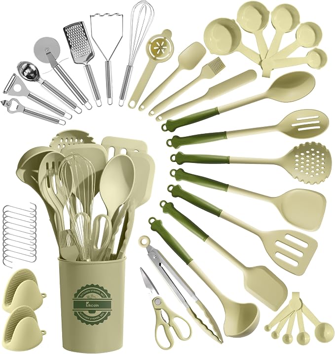 Kikcoin 43 PCS Silicone Kitchen Utensils Set, Dishwasher Safe Kitchen Cooking Utensils Set, 446°F Spatulas Silicone Heat Resistant, Non Toxic Silicone Utensils Set With Two-Tone Grip Handles, Green by Kikcoin