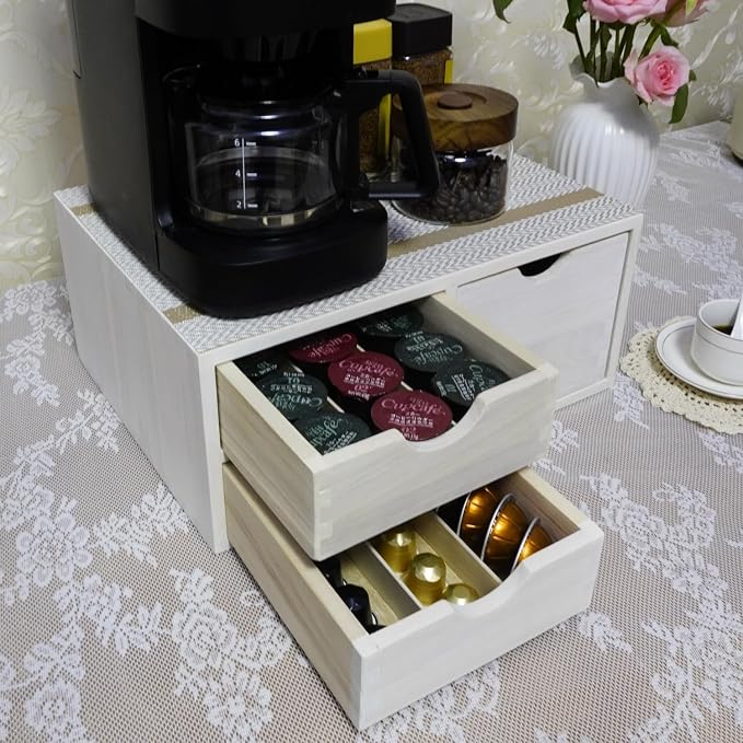 DDYURI Kitchen Storage Organizer with 3 Drawers for Coffee Brew K Cup/Coffee Pod Holder - Office Organization Drawer for Desk, Multi-Purpose Mini Wood Cabinet Countertop Stand Shelf CF2D3C White - Image 3