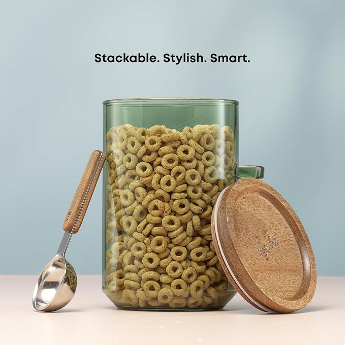 JoyJolt Holden 32oz Stackable Glass Storage Containers with Lids and Scoops, Airtight Food Canister Set of 3 w/Acacia Wood Lids, Round Stacking Pantry and Kitchen Containers w/Scoop | Sage Green - Image 8