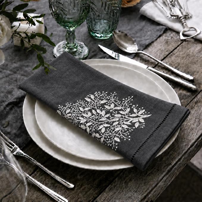 Cloth Napkins Set of 4, 20x20 inch, 100% Linen Hand Embroidered French Knot, Reusable & Machine Washable, Elegant Table Napkins for Dinner, Weddings, Parties (Charcoal) - Image 4