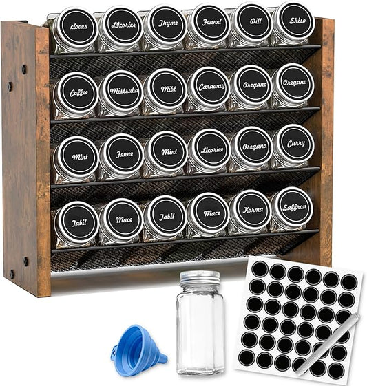 NESAPTO Spice Rack Organizer with 24 Glass Spice Jars, Wood 4-Tier Seasoning Organizer with Labels for Cabinet, Pantry, Countertop or Wall Mount, Chalk Marker and Funnel Set, 12.2" W × 9.4" H by NESAPTO