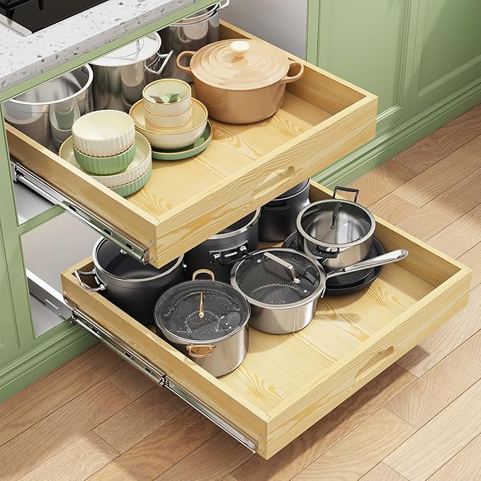 2Pack Pull Out Cabinet Organizer, Soft Close Wooden Slide Out Drawers for Pots, Full-extension Roll Out Shelves for Kitchen Cabinets, Pantry Organization, Bottom and Side Mount(21"W X 21"D x 3.4''H) by Kitstorack
