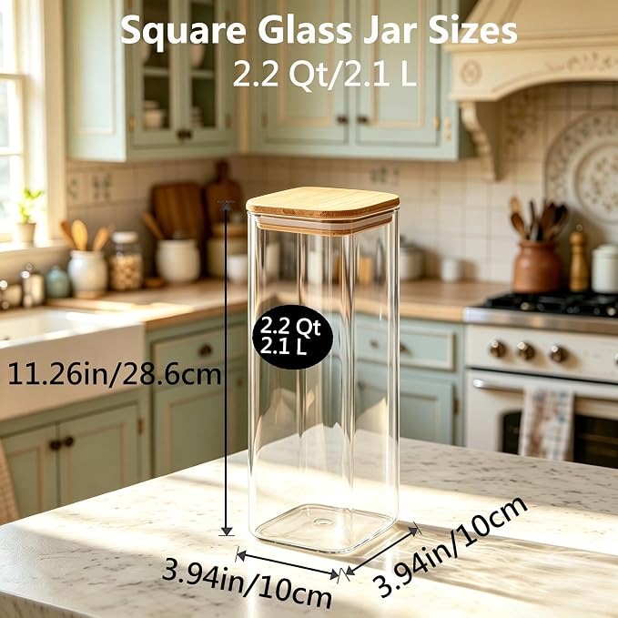 VIEWELLD 2.2 Qt Square Glass Storage Containers with Lids, Clear Food Storage Container Jar with Sealing Bamboo Lid Storage Containers for Pasta, Oats, Coffee, Flour, Sugar, Square Set-3Pack - Image 3