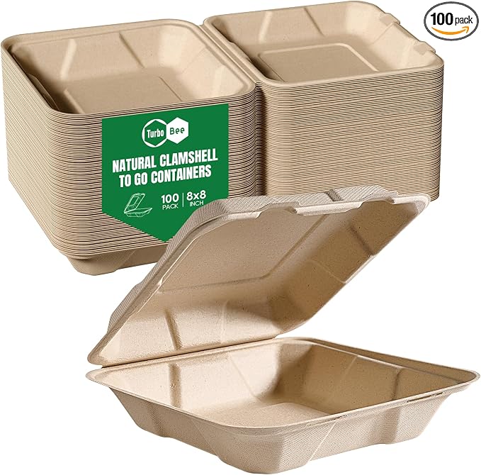 Turbo Bee 100 Pack 8x8inch Natural Take Out Containers with Lids, Large Disposable Clamshell Food Containers for Full Meals, Food Truck, BBQ, Catering & Meal Prep Natural by TurboBee