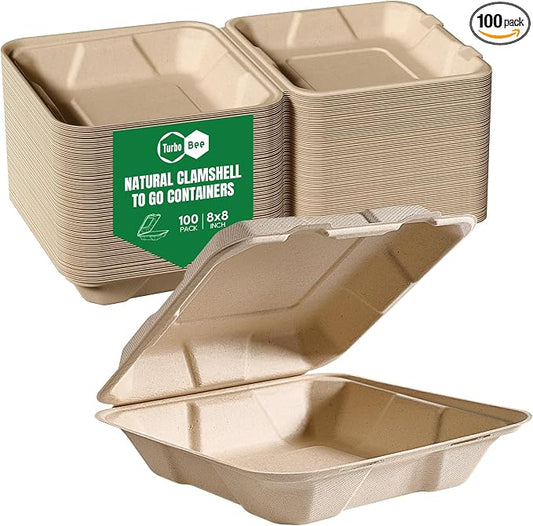 Turbo Bee 100 Pack 8x8inch Natural Take Out Containers with Lids, Large Disposable Clamshell Food Containers for Full Meals, Food Truck, BBQ, Catering & Meal Prep Natural by TurboBee