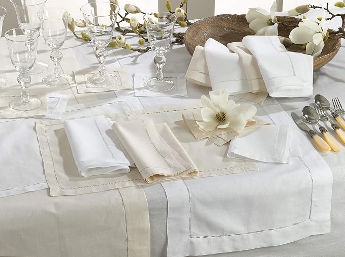 SARO LIFESTYLE Hemstitched Napkins (Set of 4) - Linen Blend Cloth Napkins for Weddings, Holiday Dining, Dinner Parties & Everyday Table Décor, 12"x12", White - Image 2